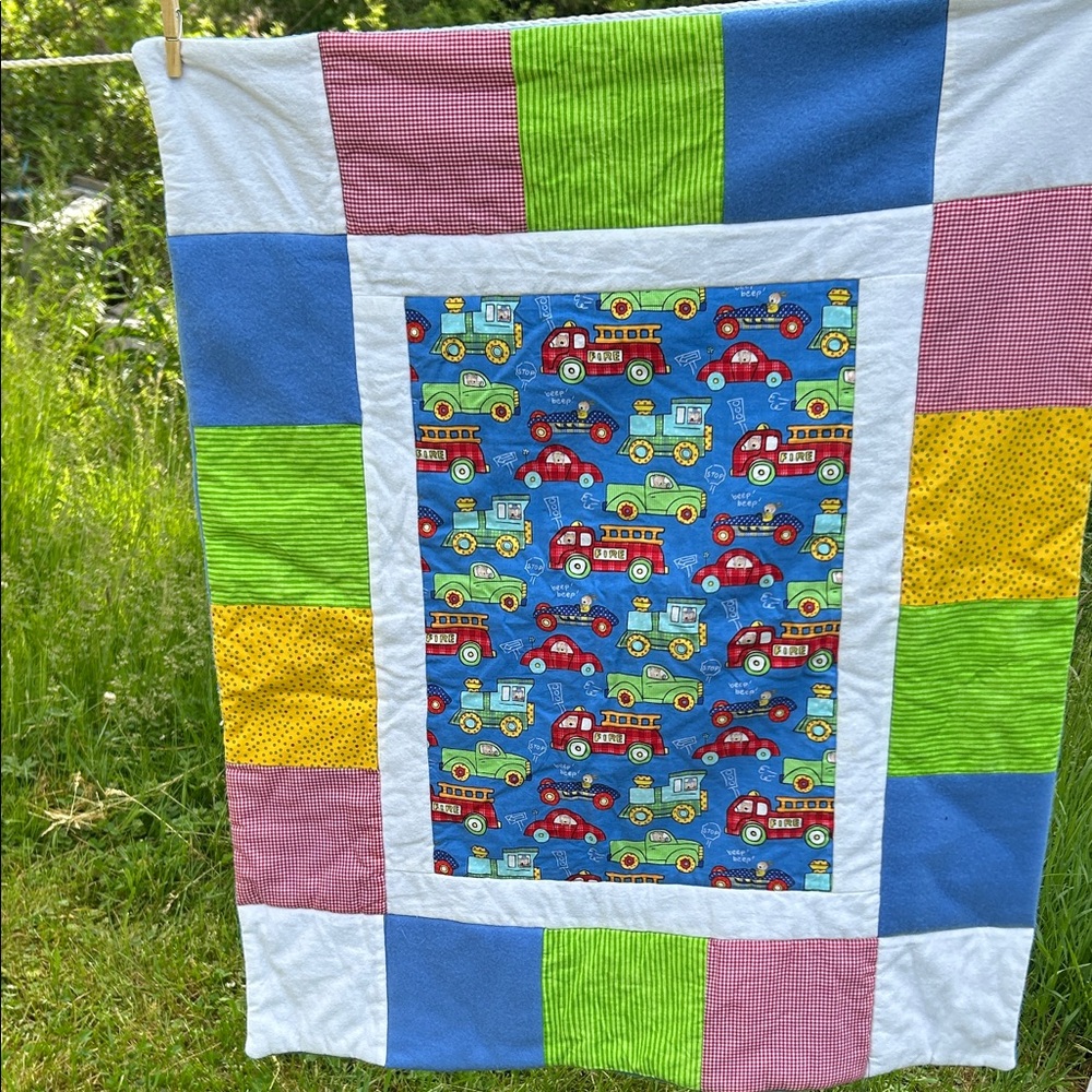 OOAK Hand Made Baby Quilt Bears in Cars & Trucks 35" X  29.5" Infant Boy Gift